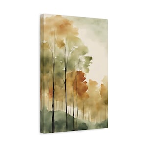 May include: A canvas print featuring a watercolor painting of a forest scene. The artwork showcases tall, slender trees with dark trunks and branches, set against a backdrop of soft, blended hues of green, orange, and yellow.