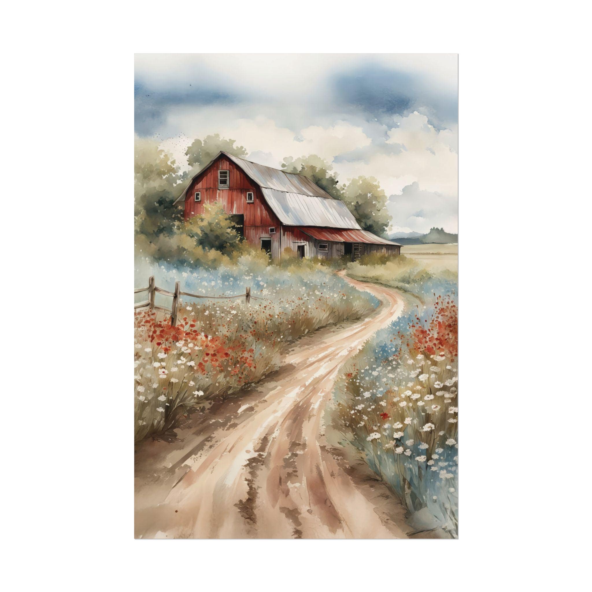 Vintage Red Barn Country Road Watercolor Print, Rustic Wildflower ...