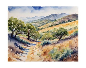 California Hills Painting San Luis Obispo Watercolor Art Print Landscape Art Print Hiking Trail Wall Art Forest Mountain Print