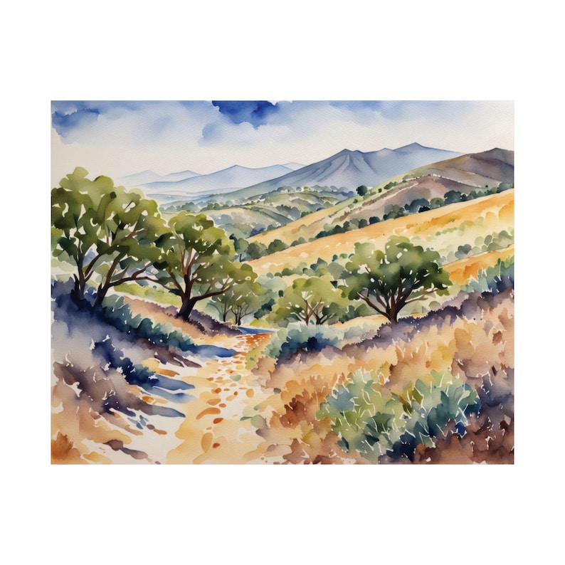 California Hills Painting San Luis Obispo Watercolor Art Print Landscape Art Print Hiking Trail Wall Art Forest Mountain Print image 1