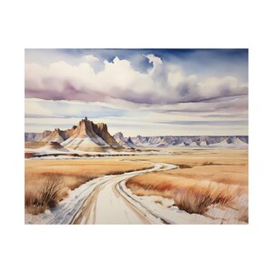 Landscape Poster, Nature Art Print, Country Road Wall Art, North Dakota Badlands Winter Decor, Mountain Watercolor Print, Neutral Colors