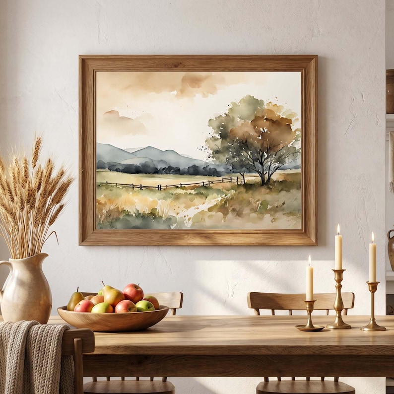 Earth Tone Countryside Print #40, Watercolor Painting, Horizontal Tree ...
