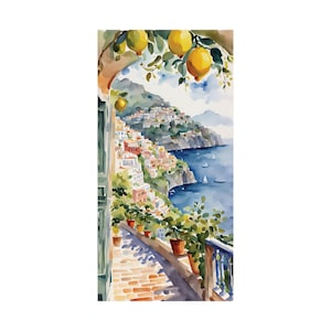 Acuarela de Positano, Limonero estrecho, Obra de arte n.º 101, Paisaje urbano italiano, Póster de la Costa Amalfitana, Impresión artística alargada