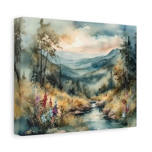 Appalachian Mountains Stream Canvas Print, Blue Ridge Mountains Watercolor, North Carolina Landscape, Wildflowers Painting Nature Art #9