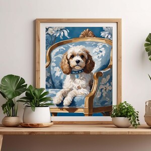 Cavapoo Art Print, Blue Floral Chinoiserie Wall Art, Dog Lover Poster Unique Gift, Watercolor Painting, Home Decor, Maximalist