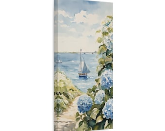 Nantucket Coastal Canvas Print, Blue Hydrangea Massachusetts Watercolor Painting Tall Skinny Sailboat Artwork, Floral Nautical Wall Art