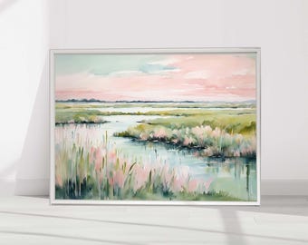 Marsh Landscape Pink Sunset Painting Print Carolina Green Lowcountry Coastal Watercolor Painting Wall Art Print Pastel Aesthetic Poster