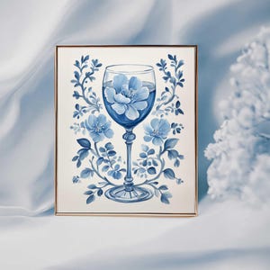 Wine Glass Poster, Blue Chinoiserie Bar Cart Print, trendy cocktail poster baby blue girly bar cart art, preppy posters cute #004