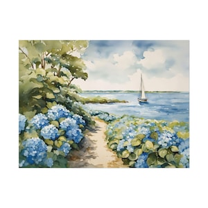 Cape Cod Coastal Print #42, Blue Hydrangea Nantucket Massachusetts Watercolor Painting Art Sailboat Artwork, Floral Nautical Wall Art