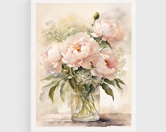 Pale Pink Peony Flowers Still Life Painting, Watercolor Peonies Floral Giclee Art Print, Botanical Nature Lover Artwork Wall Art Poster