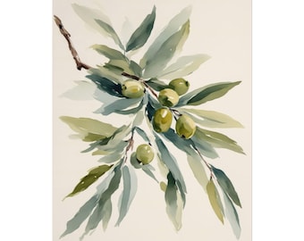 オリーブの枝水彩画プリントキッチンポスター植物画オリーブ写真大きな