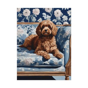 May include: A brown Cavapoo dog rests on a blue floral patterned sofa. The sofa has a wooden frame and is set against a dark blue floral wallpaper background. The dog has curly fur and is looking directly at the viewer.
