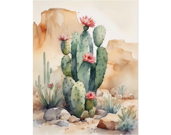Pink Cactus Blooms Watercolor Art Print Floral Artwork Cacti Wall Art Cactus Flowers PRINT from watercolor painting - Cactus #05