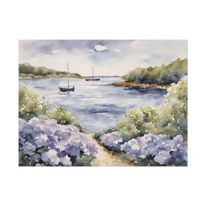 Cape Cod Coastal Print, Pale Purple Hydrangea Massachusetts Watercolor Painting Art Print Sailboat Artwork, Floral Nautical Wall Art