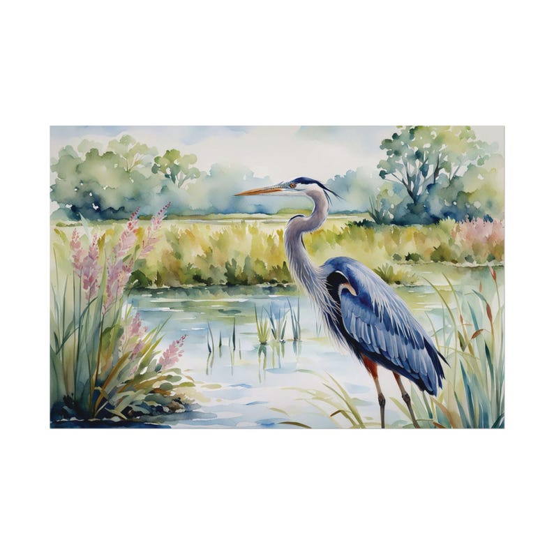Blue Heron Wetlands Print, Marsh Watercolor Painting Art Print Spring Artwork, Floral Wall Art image 6