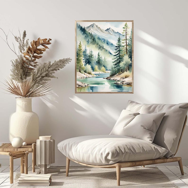 Idaho Painting Mountain River Landscape Watercolor Pine Tree Wall Art
