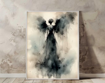 Dark Angel Painting Angel Watercolor Gothic Wall Art Abstract Angel Poster Mystical Artwork - Dark Angel #02