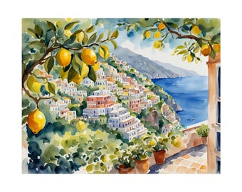 Positano Italy Watercolor Painting Lemon Tree Artwork Italian Cityscape Wall Art Amalfi Coast Poster