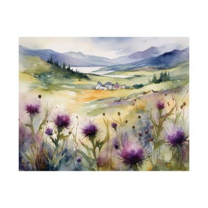 Colorful Scottish Thistle Flowers Watercolor PRINT Painting Scotland Highlands Landscape Wildflowers Wall Art