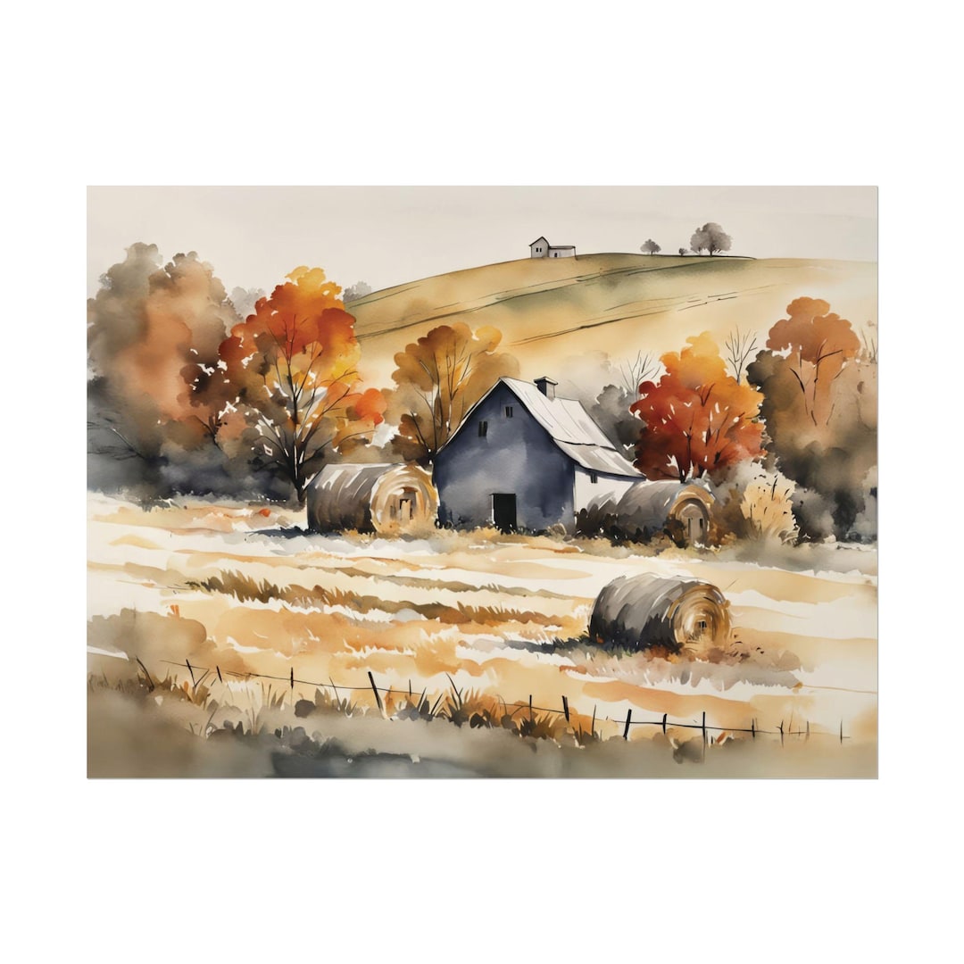 Farmhouse Rustic Watercolor Print, Haystack Autumn Landscape Painting ...