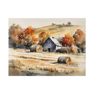 May include: A watercolour painting depicting an autumnal rural landscape. A grey barn is in a field with hay bales. Trees with orange and brown leaves surround the barn. A hill with houses is in the background. The colour palette is warm.