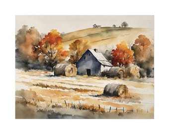 Farmhouse Rustic Watercolor Print, Haystack Autumn Landscape Painting, Countryside Wall Art Farm Wall Decor