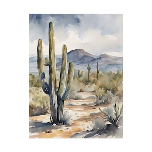 May include: A watercolor painting of a desert landscape with a large saguaro cactus in the foreground. The cactus is green and has a brown trunk. The background is a hazy blue with mountains in the distance.