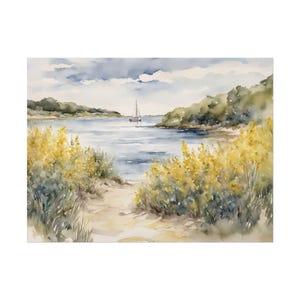 Path Through The Seaside Goldenrod to Cape Cod Beach, Coastal Print, Massachusetts Watercolor Painting, Yellow Floral Wall Art