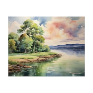 Greers Ferry Lake Watercolor Art Print Arkansas Summer Landscape Painting Green Wall Art Trees Water Clouds Artwork
