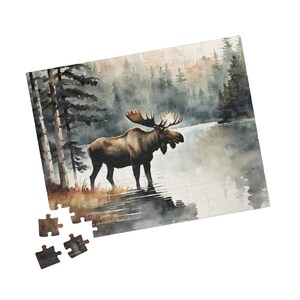 Moose Jigsaw Puzzle, Pine Tree Wilderness Landscape Watercolor (110, 252, 520, 1014-piece), Adult, Kids, Family