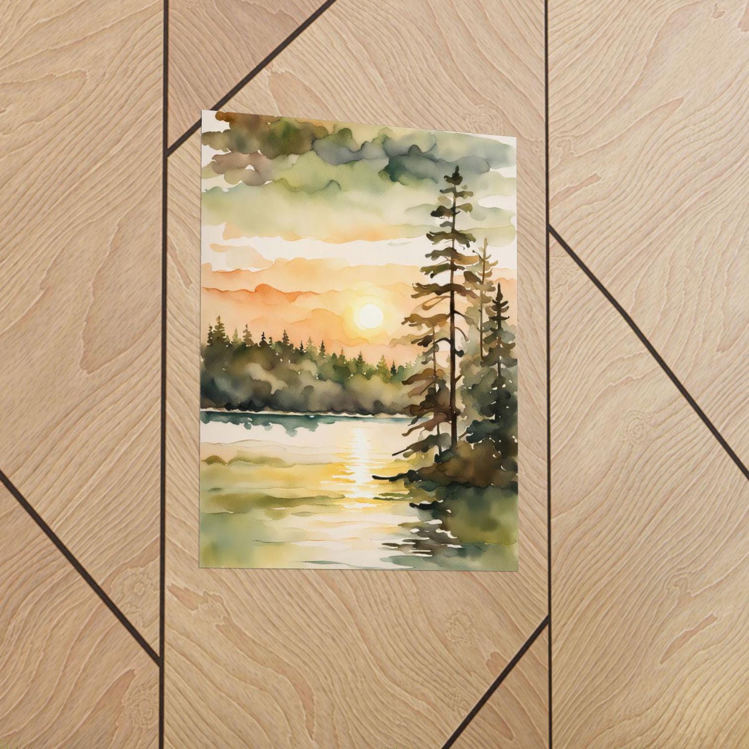 Sunrise Forest Lake Painting Neutral Landscape Michigan Art Print Pine ...