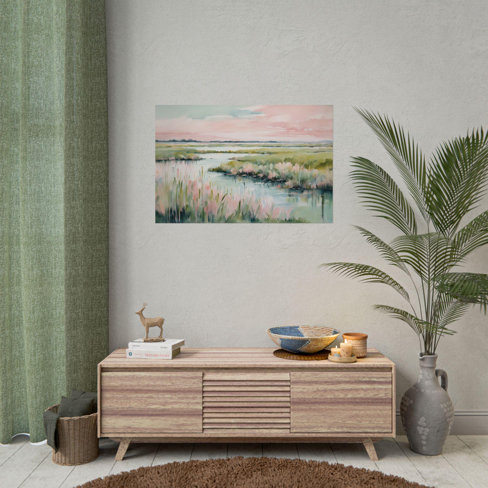 Marsh Landscape Pink Sunset Painting Print | Carolina Green Lowcountry ...