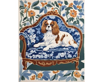 King Cavalier Art Print, Blue Floral Chinoiserie Wall Art, Dog Lover Poster Unique Gift, Watercolor Painting, Home Decor