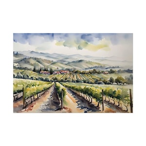Napa Valley Watercolor Print, California Vineyard Landscape Painting, Horizontal Poster Wine Lover Wall Art Grapes