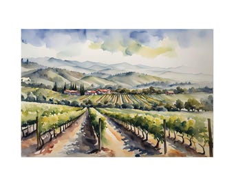 Napa Valley Watercolor Print, California Vineyard Landscape Painting, Horizontal Poster Wine Lover Wall Art Grapes