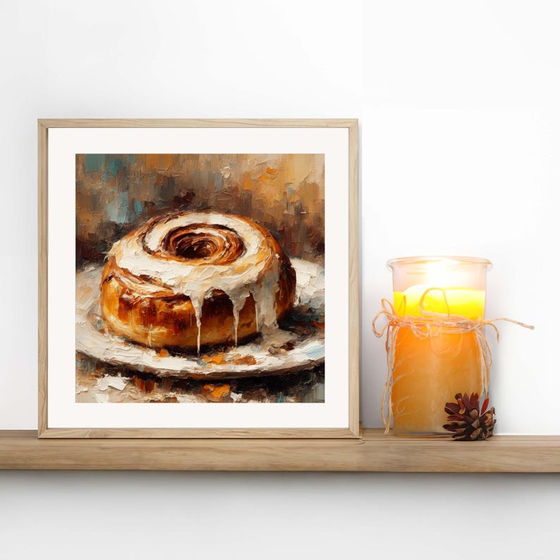 Cinnamon Roll, Oil Painting, Dessert Artwork, Autumn Wall Art, Fall