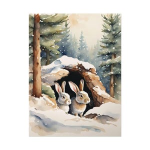 Winter Rabbits Watercolor Art Print, Matte Vertical Poster, Snow Scene Decoration, Evergreen Tree Wall Art, Christmas Holiday Decor, Rabbit