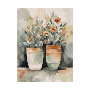 May include: Watercolor painting of two vases filled with greenery and orange flowers. The vases are cylindrical with a two-tone design of green and brown. The background is a soft blend of muted greens and browns.