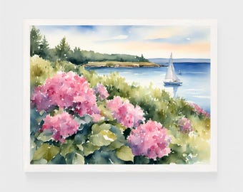 Nantucket Coastal Print, Pink Hydrangea Cape Cod Watercolor Painting Art Print Sailboat Artwork, Floral Nautical Wall Art