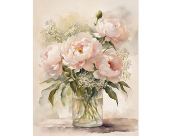 Pale Pink Peony Flowers Still Life Painting, Watercolor Peonies Floral Giclee Art Print, Botanical Nature Lover Artwork Wall Art Poster