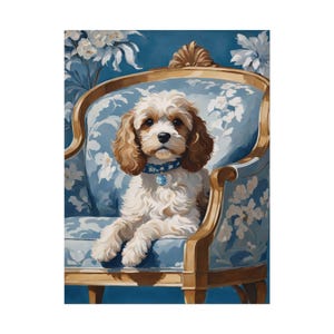 May include: A white and brown dog with a blue collar sits in a blue floral armchair with gold trim.