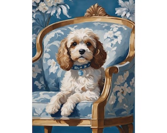 Cavapoo Art Print, Blue Floral Chinoiserie Wall Art, Dog Lover Poster Unique Gift, Watercolor Painting, Home Decor, Maximalist