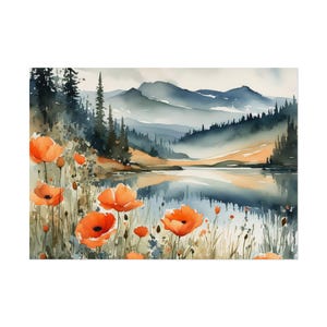 Columbia Gorge Watercolor Painting Mountain River Art Print Wildflowers Landscape Fine Art Print Foggy Pine Forest Poppy