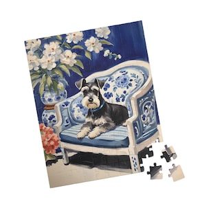 Puzzle Mini Schnauzer Sedia Acquerello, Regalo per gli amanti dei cani / 110 252 520 1014 pezzi / Divertente attività per famiglie, Hobby Chinoiserie Blu