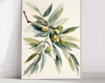 Olive Branch Watercolor Painting Farmhouse Kitchen Wall Decor Botanical Wall Art Giclee PRINT