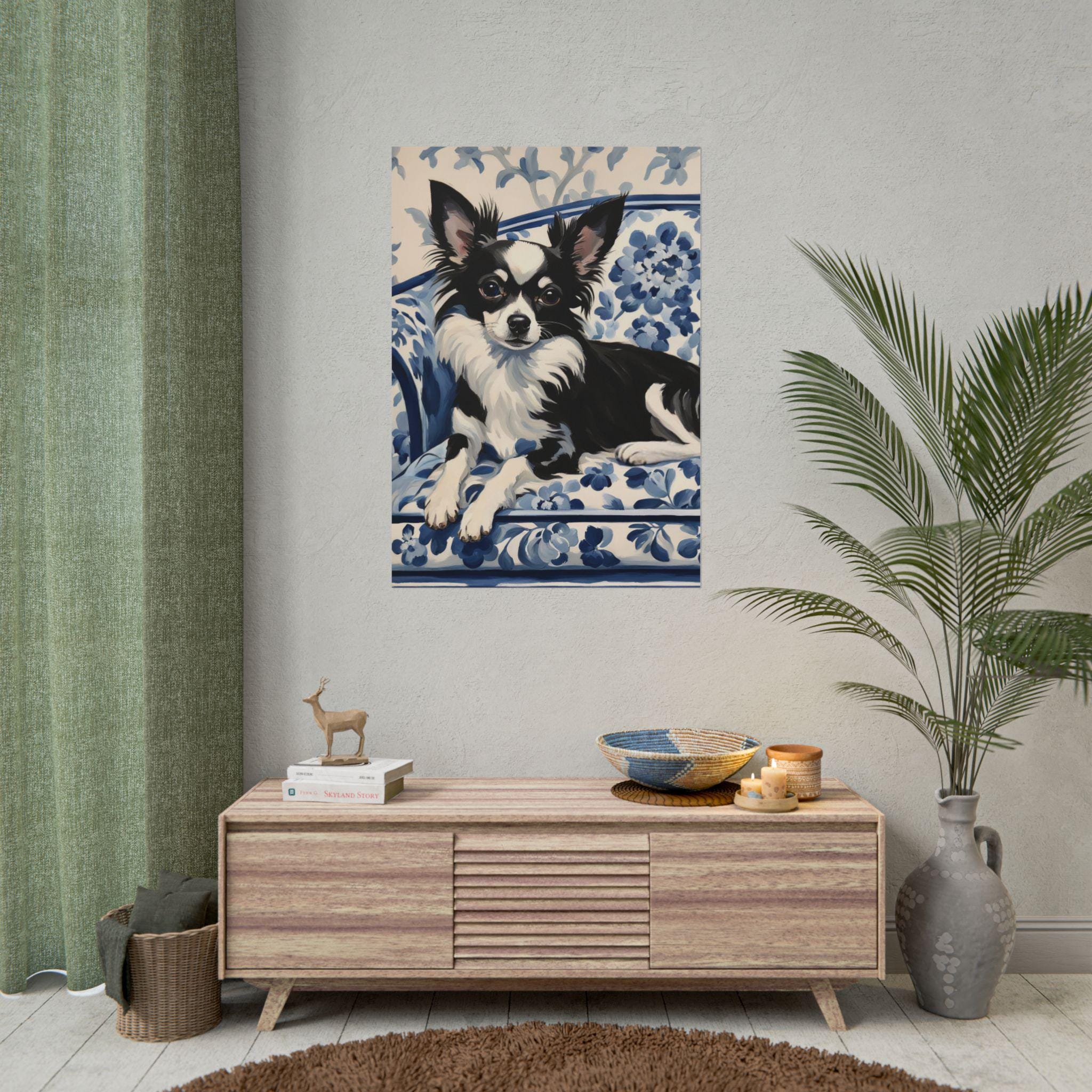 Long Hair Chihuahua Art Print, Black White Dog Lover Gift, Blue Floral ...