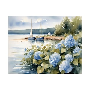 Nantucket Coastal Print, Blue Hydrangea Cape Cod Watercolor Painting Art Print Sailboat Artwork, Floral Nautical Wall Art