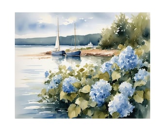 Nantucket Coastal Print, Blue Hydrangea Cape Cod Watercolor Painting Art Print Sailboat Artwork, Floral Nautical Wall Art