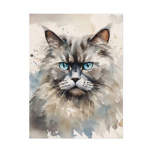 May include: Watercolor painting of a fluffy gray cat with striking blue eyes. The cat's fur is detailed with shades of gray and brown, and the background features soft watercolor splashes.