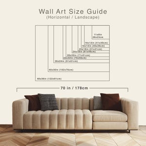 May include: A chart showing different sizes of wall art in inches and centimeters. The chart is labeled "Wall Art Size Guide (Horizontal / Landscape)". The chart shows sizes ranging from 11x9 inches to 48x36 inches.